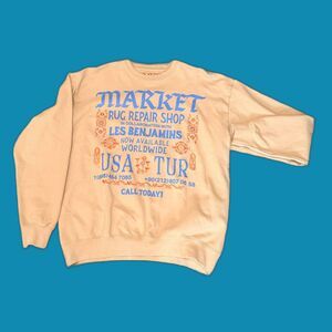 Market x Les Benjamins Crewneck Sweatshirt XL Tan Rug Repair Shop Graphic